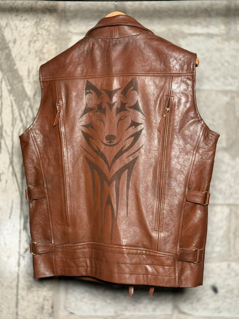 Camel Leather Vest Brown (Size: Large)