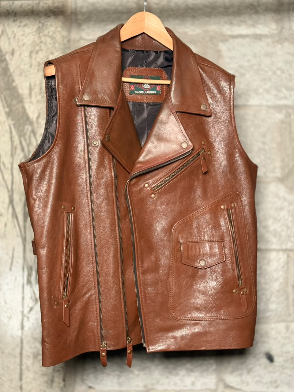 Camel Leather Vest Brown (Size: Large)
