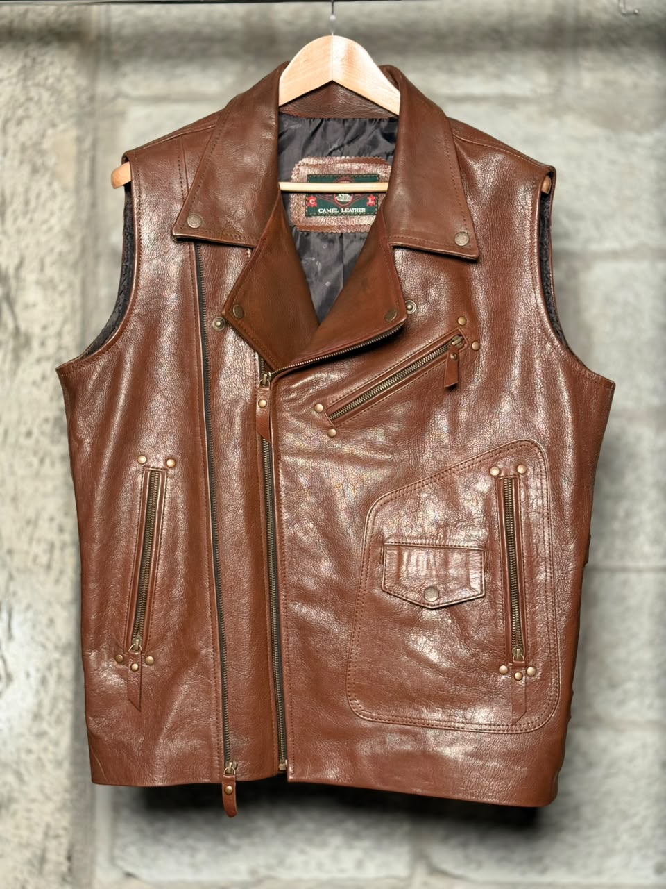 Camel Leather Vest Brown (Size: Large)