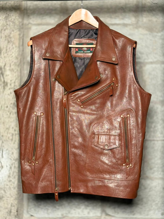 Camel Leather Vest Brown (Size: Large)